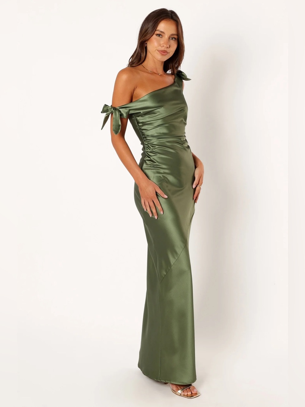 Petal & Pup Olive Satin One-Shoulder Maxi Dress